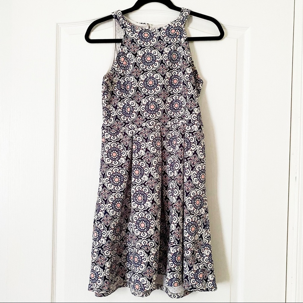 Blue/Pink/White Pleated A-line Halter Dress